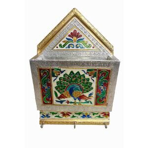 Vintage Enamel Peacock Letter Box – Wall Mounted Wooden Mail Holder